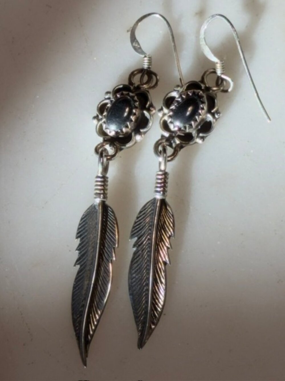 VINTAGE Navajo Sterling Silver Shadowbox Feather Earrings Signed AJ - Picture 2 of 11